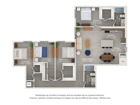 A floor plan of a house with three bedrooms, a living room, a dining room, a kitchen, and a bathroom.